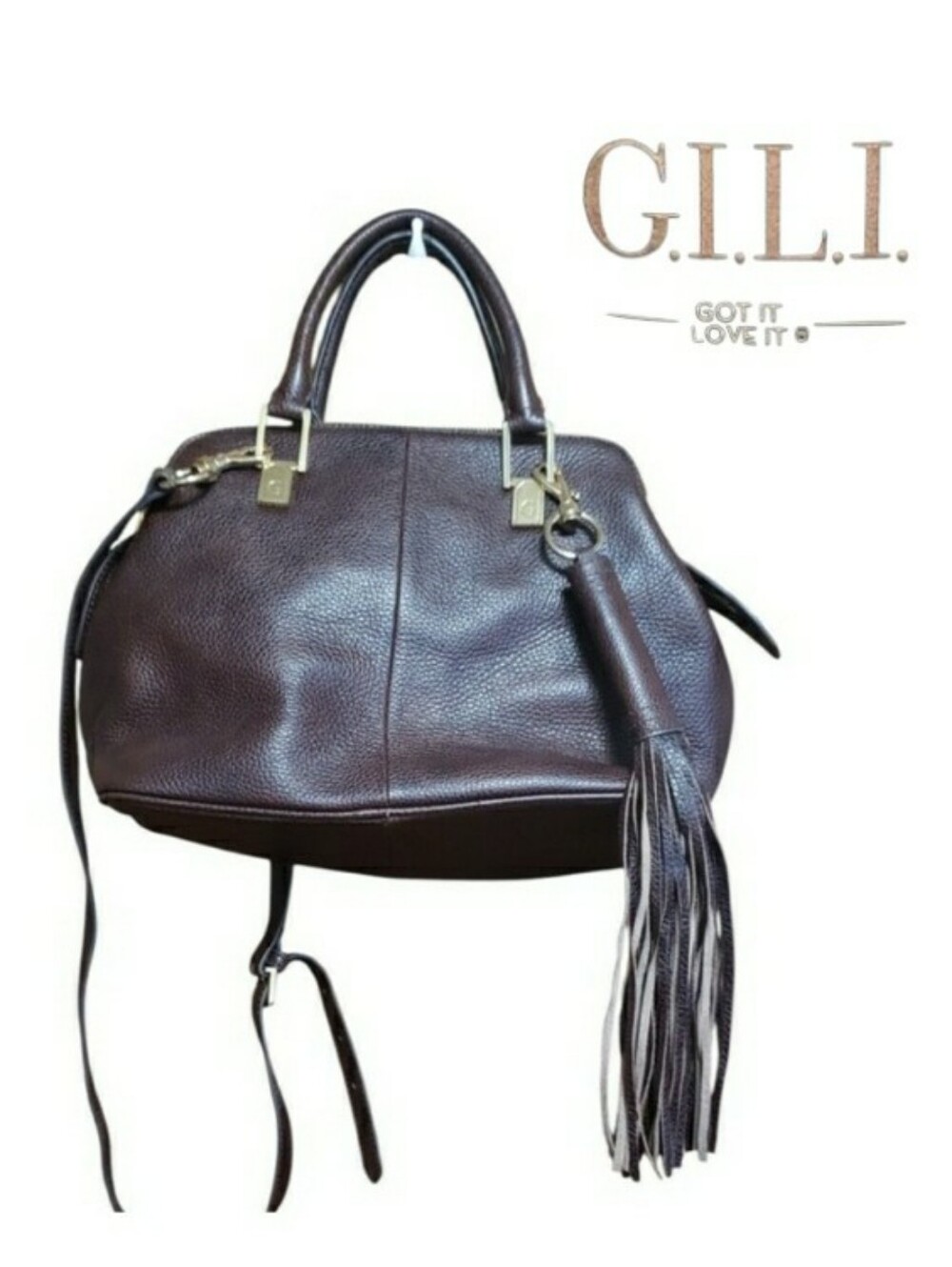 G.i.l.i Brown Pebbled Leather Satchel Crossbody Handbag Gold Hardware